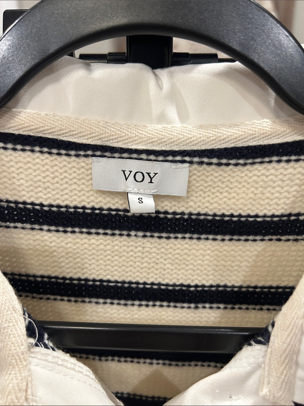VOY Cream & Navy Striped Polo Knit Top with snazzy buttons! - Picture 2 of 5